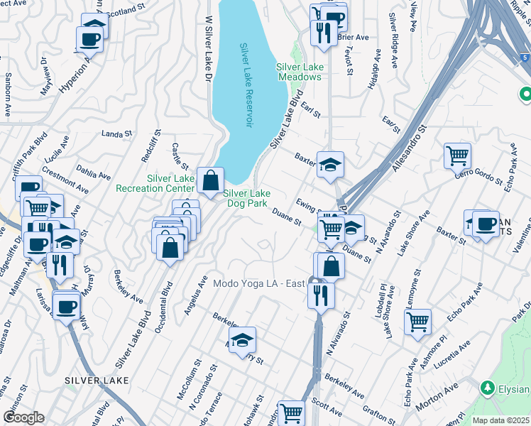 map of restaurants, bars, coffee shops, grocery stores, and more near 2330 Duane Street in Los Angeles