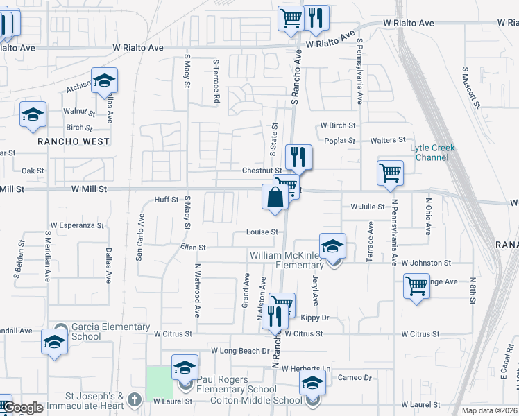 map of restaurants, bars, coffee shops, grocery stores, and more near 2001 North Rancho Avenue in Colton