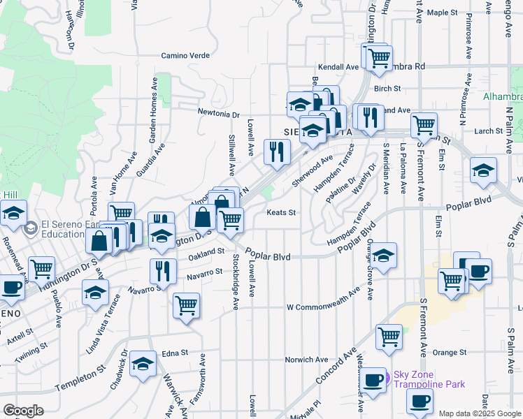 map of restaurants, bars, coffee shops, grocery stores, and more near 5440 1/2 Huntington Drive South in Los Angeles