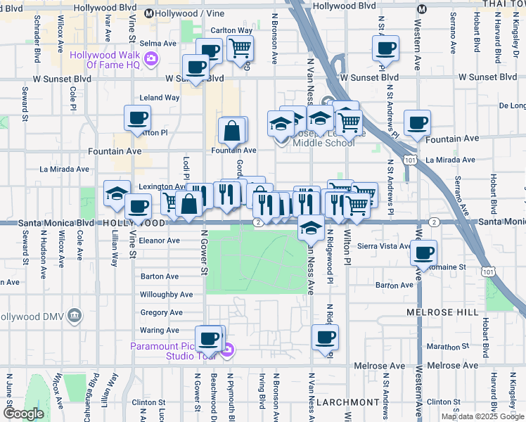 map of restaurants, bars, coffee shops, grocery stores, and more near 1114 Tamarind Avenue in Los Angeles