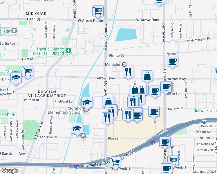 map of restaurants, bars, coffee shops, grocery stores, and more near 8951 Monte Vista Avenue in Montclair