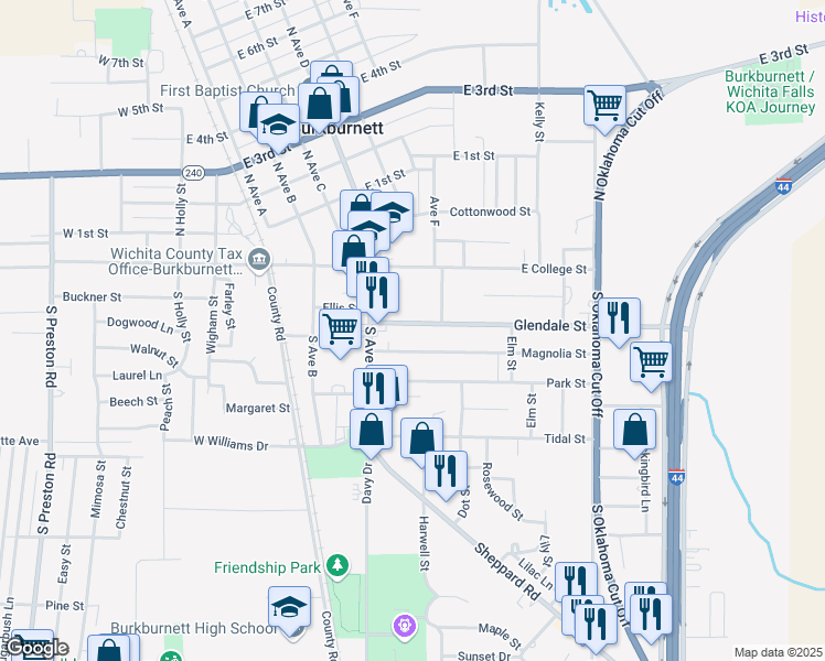 map of restaurants, bars, coffee shops, grocery stores, and more near 416 Glendale Street in Burkburnett