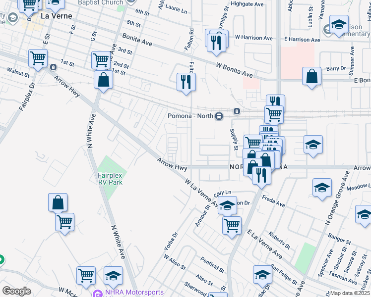 map of restaurants, bars, coffee shops, grocery stores, and more near 2755 Arrow Highway in La Verne