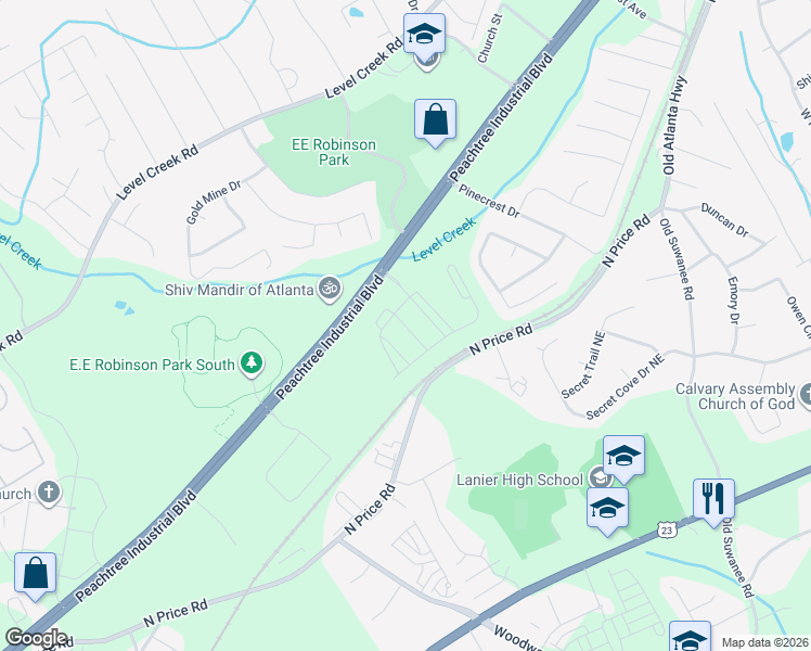 map of restaurants, bars, coffee shops, grocery stores, and more near 613-919 Peachtree Industrial Blvd in Sugar Hill