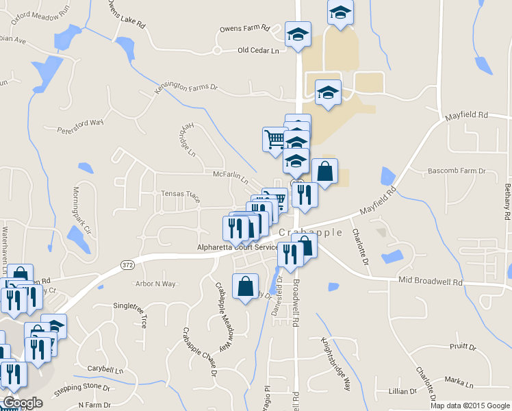 map of restaurants, bars, coffee shops, grocery stores, and more near 885 Crabapple Cir in Alpharetta