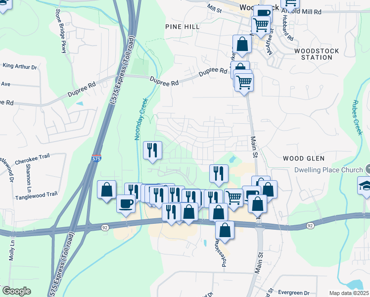 map of restaurants, bars, coffee shops, grocery stores, and more near 1009 Fendley Street in Woodstock