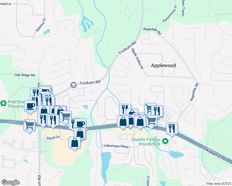 map of restaurants, bars, coffee shops, grocery stores, and more near 141 Weatherstone Drive in Woodstock