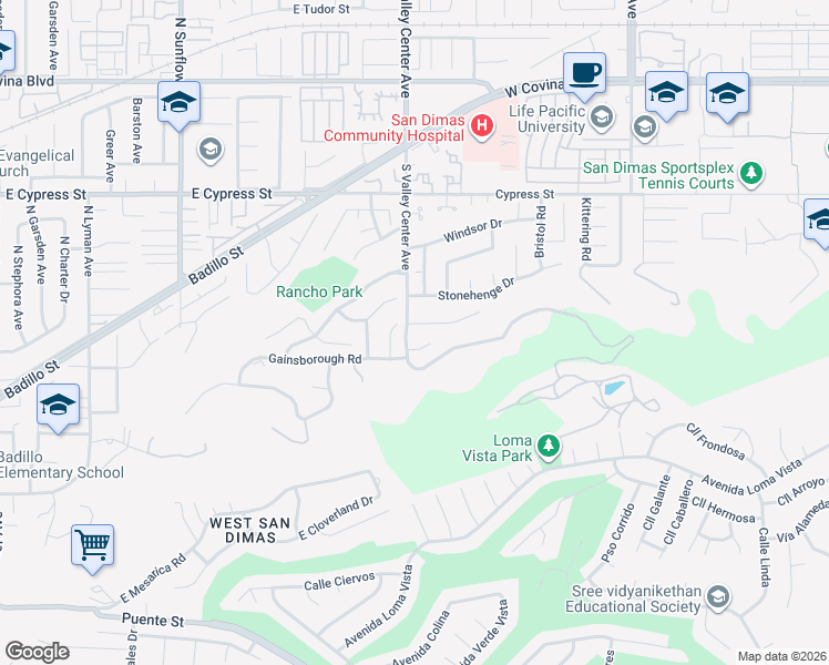 map of restaurants, bars, coffee shops, grocery stores, and more near 1481 Martingale Court in San Dimas