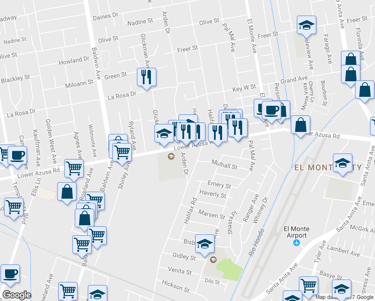 map of restaurants, bars, coffee shops, grocery stores, and more near 10304 Lower Azusa Road in Temple City