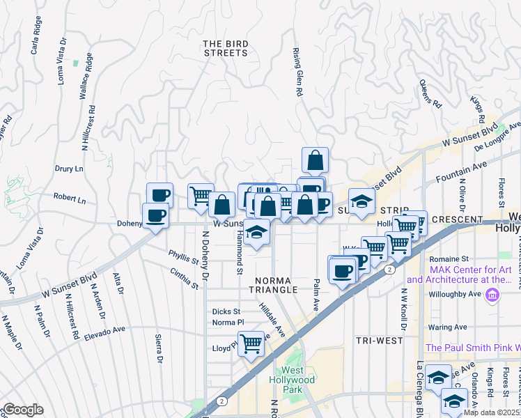 map of restaurants, bars, coffee shops, grocery stores, and more near 8961 Sunset Boulevard in West Hollywood