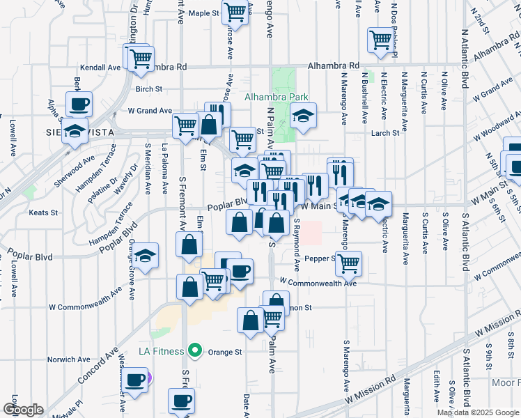map of restaurants, bars, coffee shops, grocery stores, and more near 2120 West Main Street in Alhambra