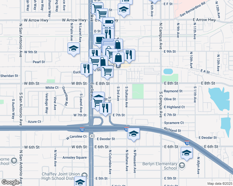 map of restaurants, bars, coffee shops, grocery stores, and more near 218 South 2nd Avenue in Upland
