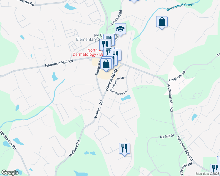 map of restaurants, bars, coffee shops, grocery stores, and more near 3332 Woodash Lane in Buford