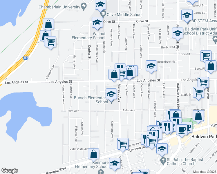 map of restaurants, bars, coffee shops, grocery stores, and more near 13714 Los Angeles Street in Baldwin Park