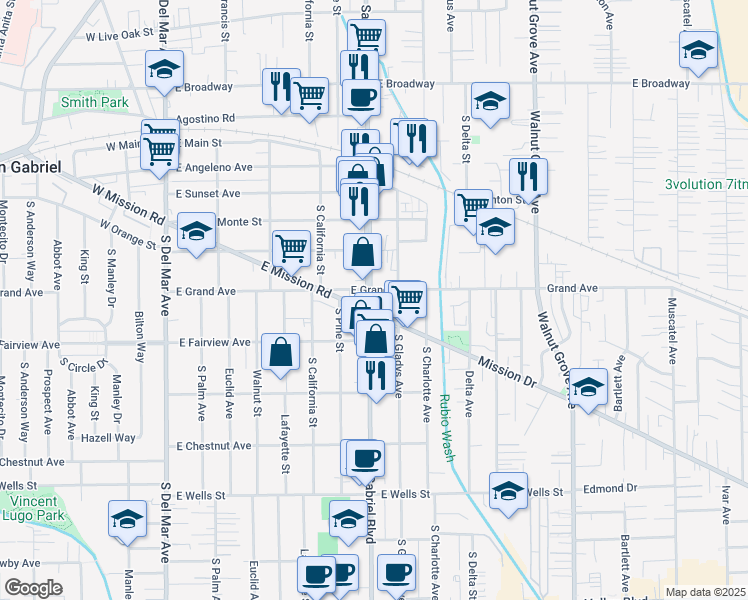 map of restaurants, bars, coffee shops, grocery stores, and more near 900 South San Gabriel Boulevard in San Gabriel