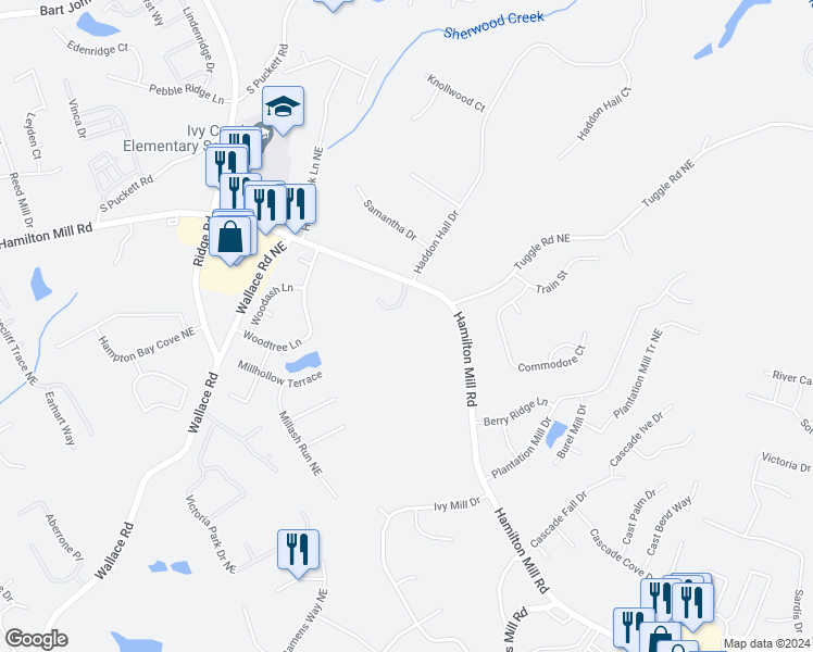 map of restaurants, bars, coffee shops, grocery stores, and more near 3168 Hamilton Mill Road in Buford