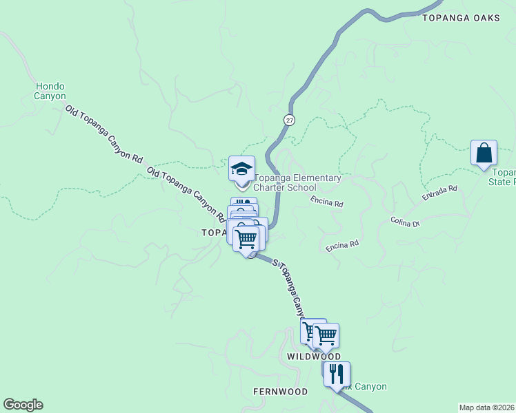 map of restaurants, bars, coffee shops, grocery stores, and more near 141 North Topanga Canyon Boulevard in Topanga