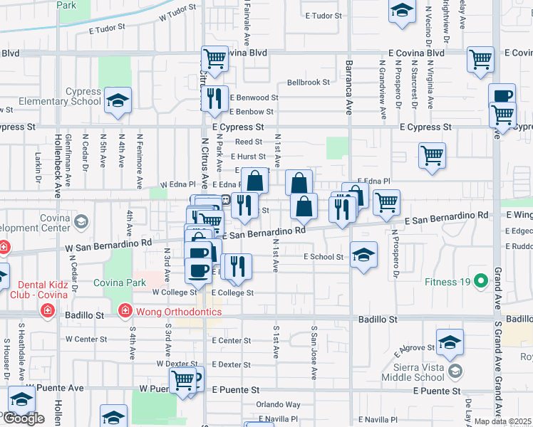 map of restaurants, bars, coffee shops, grocery stores, and more near 540 North Howard Avenue in Covina