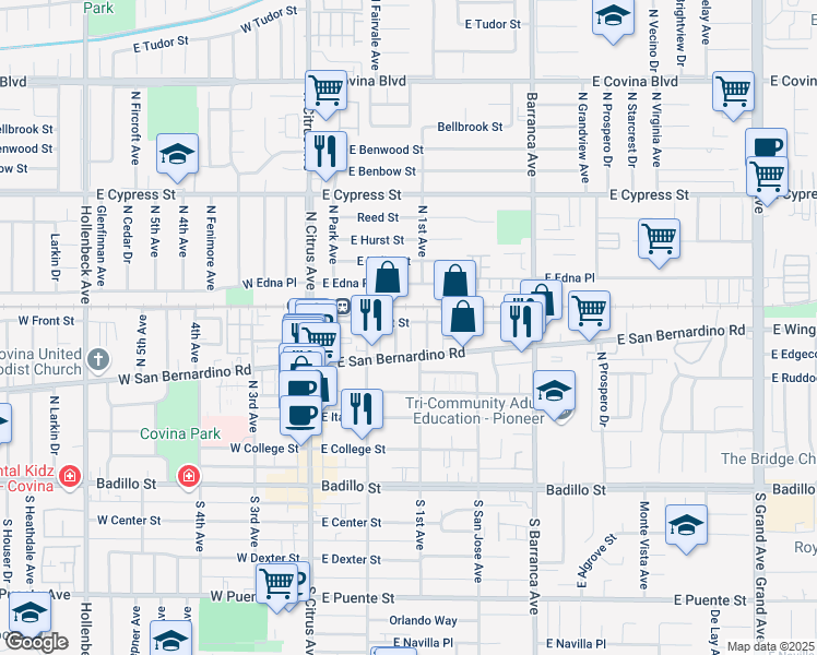map of restaurants, bars, coffee shops, grocery stores, and more near 256 East Front Street in Covina