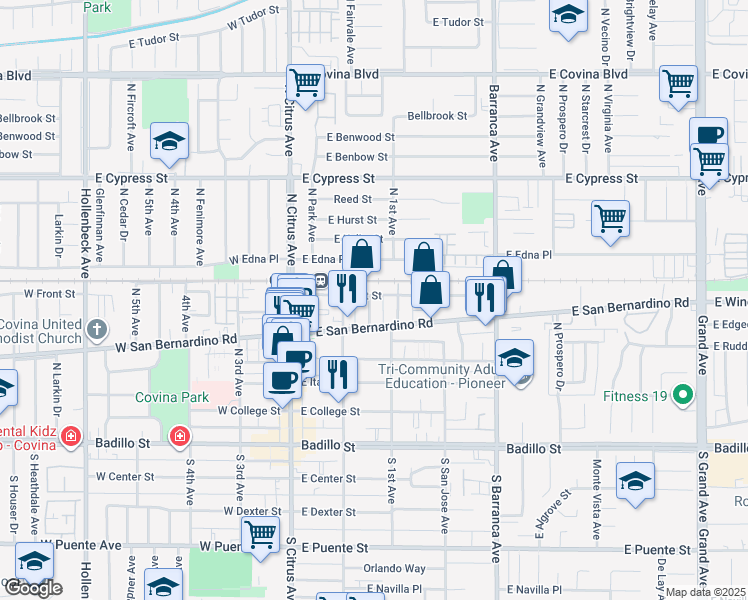 map of restaurants, bars, coffee shops, grocery stores, and more near 540 North Howard Avenue in Covina