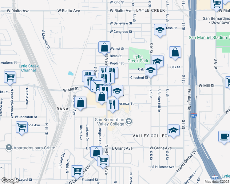 map of restaurants, bars, coffee shops, grocery stores, and more near 1251 West Mill Street in San Bernardino