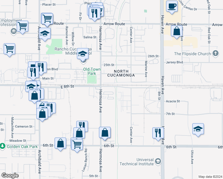 map of restaurants, bars, coffee shops, grocery stores, and more near 10166 Humboldt Avenue in Rancho Cucamonga