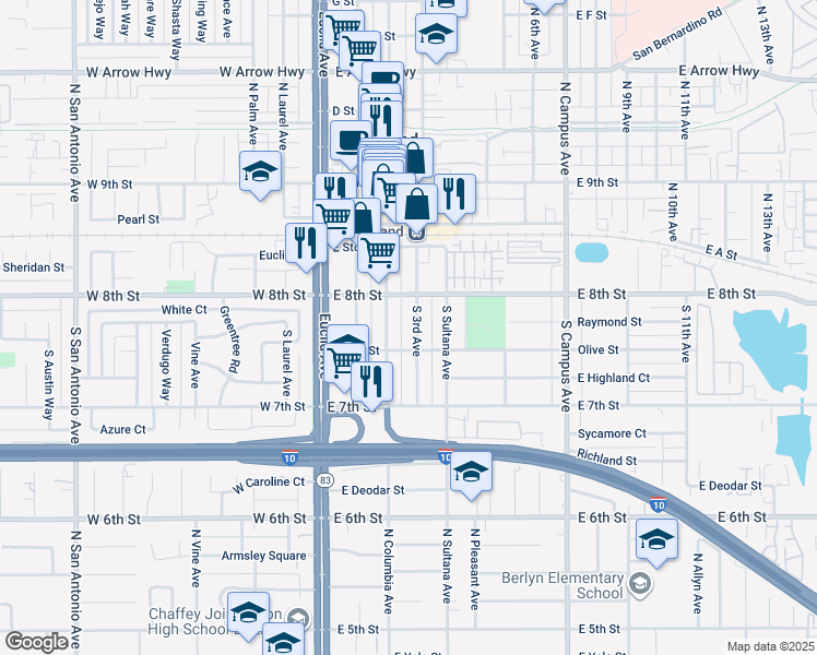 map of restaurants, bars, coffee shops, grocery stores, and more near 218 South 2nd Avenue in Upland