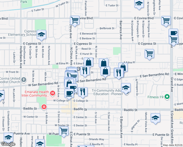 map of restaurants, bars, coffee shops, grocery stores, and more near 251 East Front Street in Covina