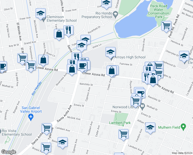 map of restaurants, bars, coffee shops, grocery stores, and more near 11141 Lower Azusa Road in El Monte