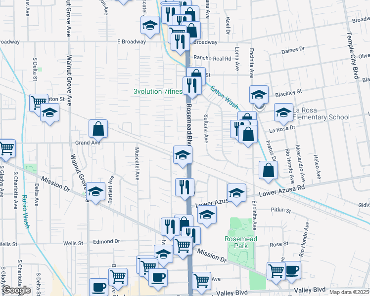 map of restaurants, bars, coffee shops, grocery stores, and more near 5005 California 19 in San Gabriel