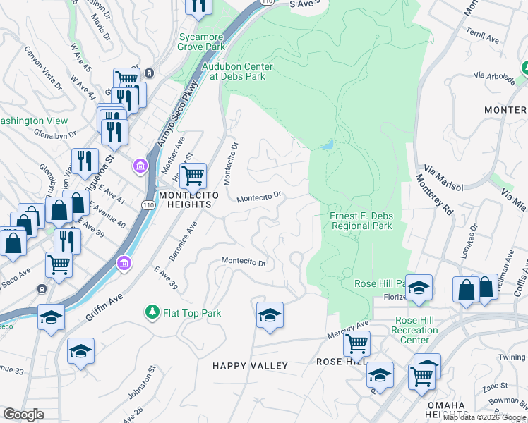 map of restaurants, bars, coffee shops, grocery stores, and more near 580 Montecito Drive in Los Angeles