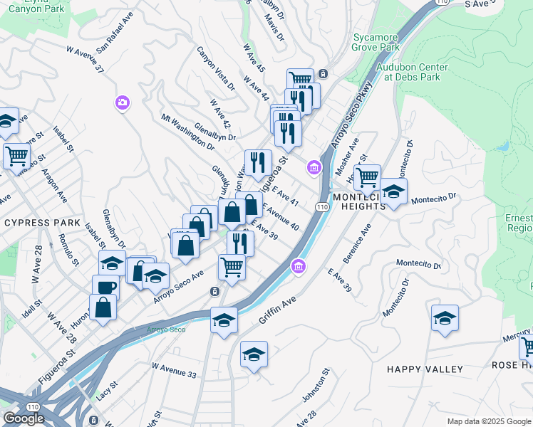 map of restaurants, bars, coffee shops, grocery stores, and more near 3933 North Figueroa Street in Los Angeles