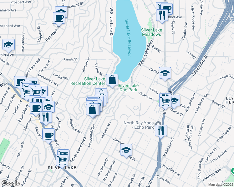 map of restaurants, bars, coffee shops, grocery stores, and more near 1850 West Silver Lake Drive in Los Angeles