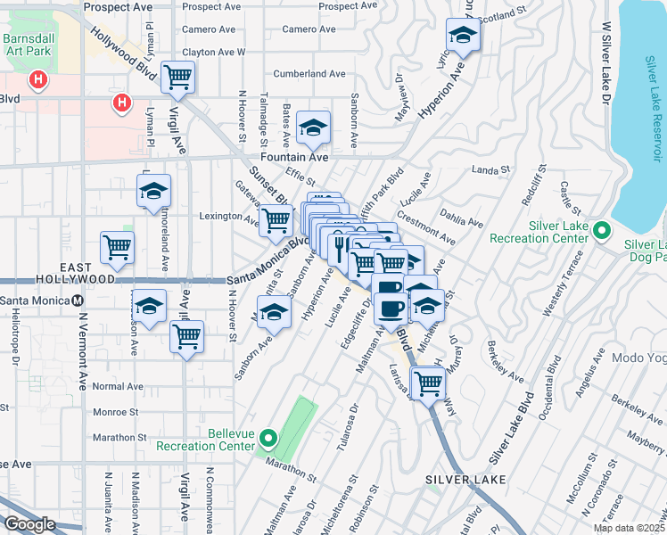 map of restaurants, bars, coffee shops, grocery stores, and more near in Los Angeles