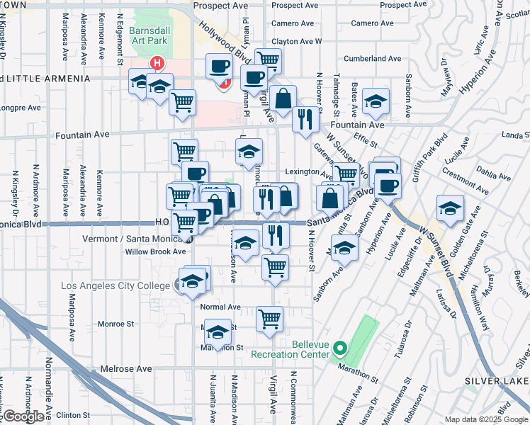 map of restaurants, bars, coffee shops, grocery stores, and more near 1139 North Virgil Avenue in Los Angeles