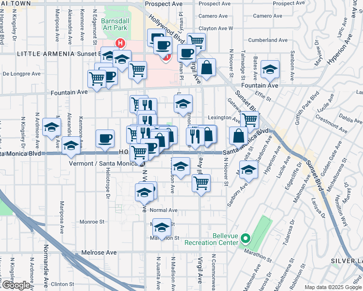 map of restaurants, bars, coffee shops, grocery stores, and more near 1137 North Westmoreland Avenue in Los Angeles
