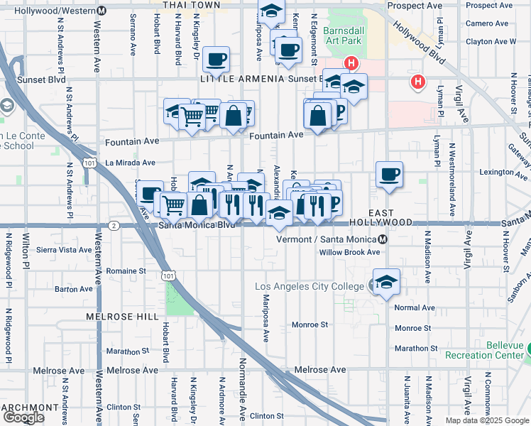 map of restaurants, bars, coffee shops, grocery stores, and more near 1136 North Mariposa Avenue in Los Angeles