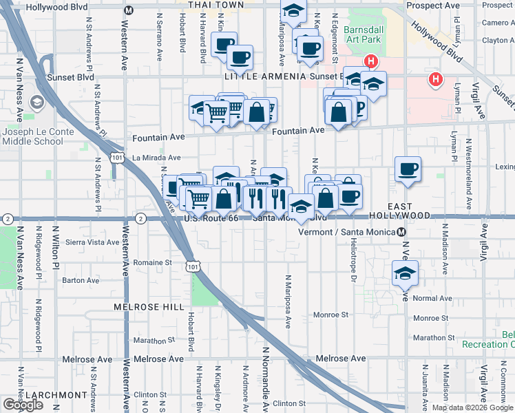 map of restaurants, bars, coffee shops, grocery stores, and more near 1137 North Normandie Avenue in Los Angeles