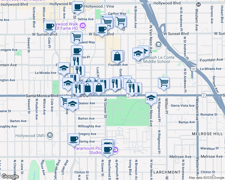 map of restaurants, bars, coffee shops, grocery stores, and more near 1143 North Beachwood Drive in Los Angeles