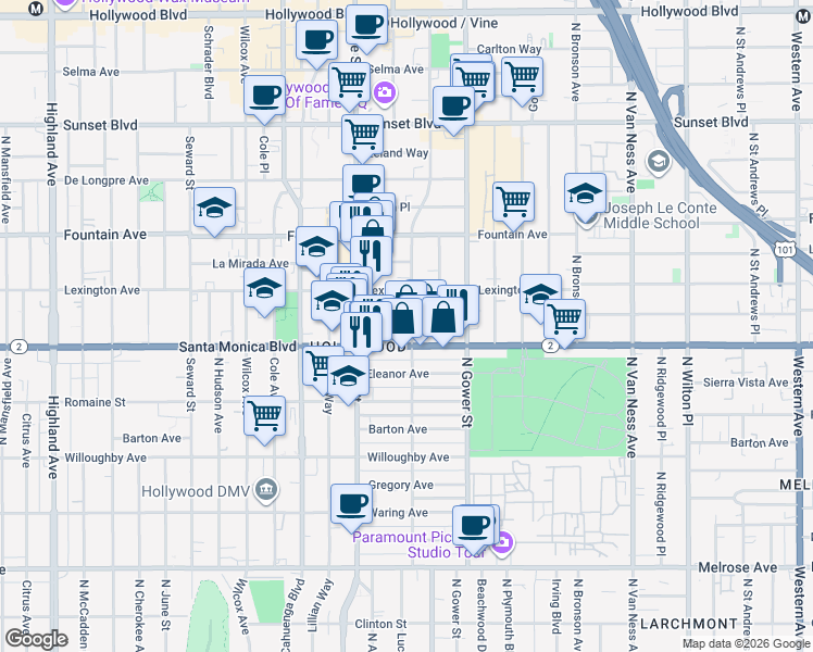 map of restaurants, bars, coffee shops, grocery stores, and more near 1138 North El Centro Avenue in Los Angeles
