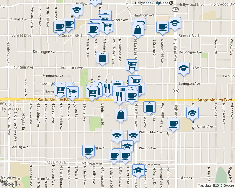 map of restaurants, bars, coffee shops, grocery stores, and more near 1142 North Poinsettia Place in West Hollywood
