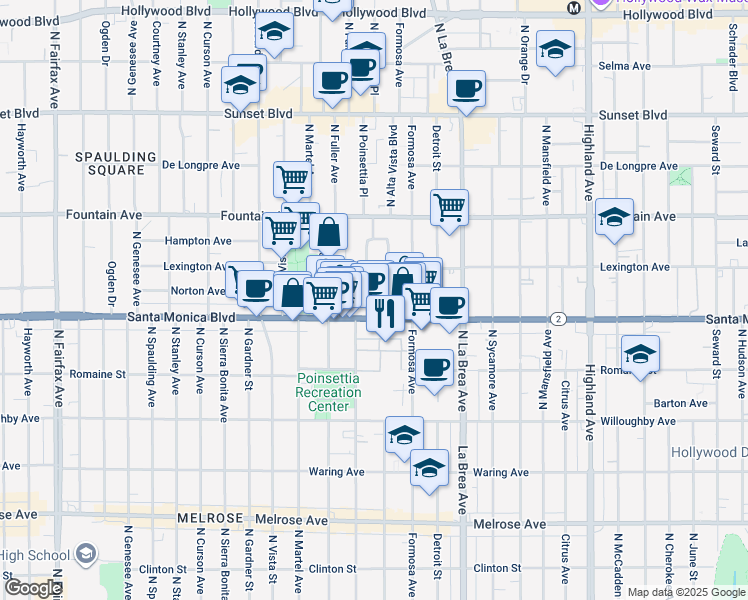 map of restaurants, bars, coffee shops, grocery stores, and more near 1139 Poinsettia Drive in West Hollywood