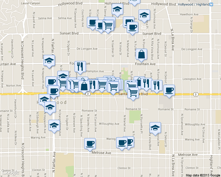map of restaurants, bars, coffee shops, grocery stores, and more near 1147 North Gardner Street in Los Angeles