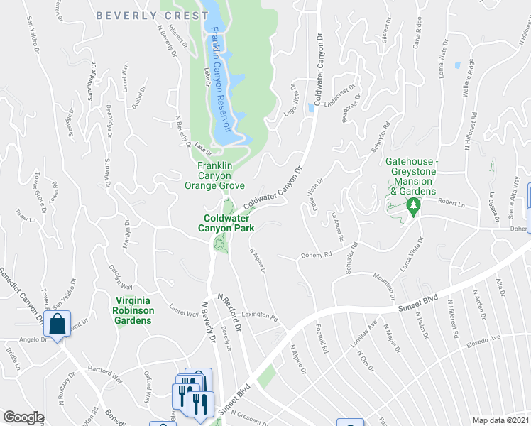 map of restaurants, bars, coffee shops, grocery stores, and more near 1114 Coldwater Canyon Drive in Beverly Hills