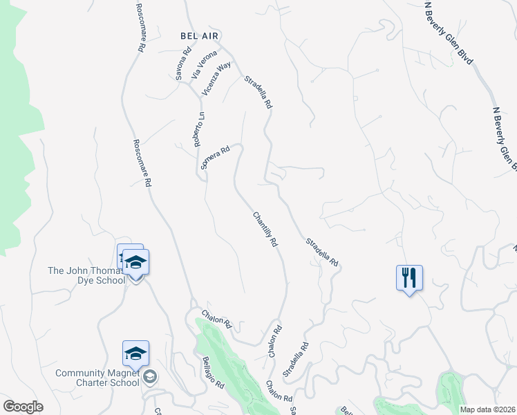 map of restaurants, bars, coffee shops, grocery stores, and more near 1100 Chantilly Road in Los Angeles
