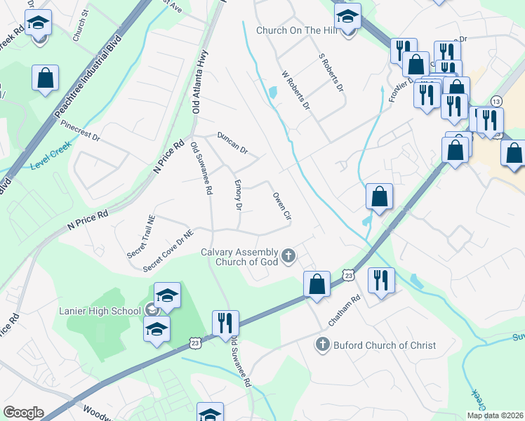 map of restaurants, bars, coffee shops, grocery stores, and more near 1153 Kyle Circle Northeast in Sugar Hill
