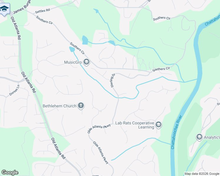 map of restaurants, bars, coffee shops, grocery stores, and more near 6445 Sterling Drive in Suwanee