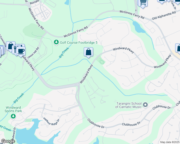 map of restaurants, bars, coffee shops, grocery stores, and more near 10 Club Court in Alpharetta