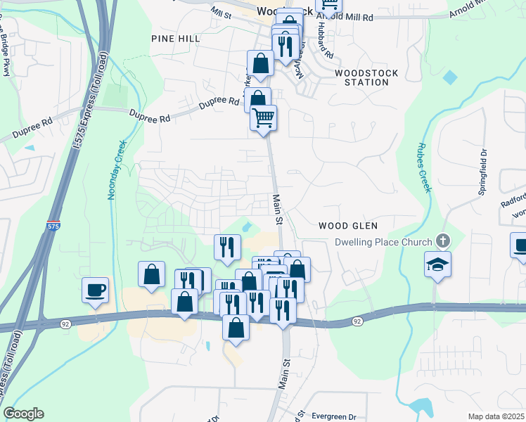map of restaurants, bars, coffee shops, grocery stores, and more near 963 South On Main Drive in Woodstock