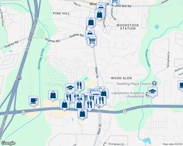 map of restaurants, bars, coffee shops, grocery stores, and more near 111 Brighton Boulevard in Woodstock